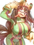  1girl :&gt; asui_tsuyu belt black_hair blush blush_stickers bodysuit boku_no_hero_academia breasts cleavage eyelashes frog_girl from_above gloves goggles goggles_on_head hair_rings hand_on_head highres huge_breasts long_hair long_tongue low-tied_long_hair monster_girl naeun_(pinky1866) open_mouth revision shiny shiny_clothes skin_tight solo tongue tongue_out violet_eyes 