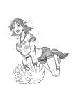  1girl :d cheerleader clothes_writing copyright_name crop_top hairband headgear hiei_(kantai_collection) kantai_collection kirusu kneehighs monochrome open_mouth pom_poms shoes short_hair shorts sketch smile sneakers solo sweat 