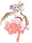  1girl bat_wings blue_hair dress fighting_stance frilled_sleeves frills full_body hat hat_ribbon knee_up looking_at_viewer mob_cap open_mouth pink_dress puffy_short_sleeves puffy_sleeves red_eyes red_ribbon remilia_scarlet ribbon sash short_hair short_sleeves skirt skirt_set socks solo standing_on_one_leg teoshiguruma touhou white_background wings wrist_cuffs 