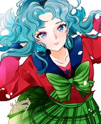  1girl aqua_hair artist_name bishoujo_senshi_sailor_moon blue_eyes collarbone earrings from_above hands_in_hair jewelry kaiou_michiru lips long_sleeves plaid plaid_skirt ribbon school_uniform serafuku signature skirt smile solo star yukinami_(paru26i) 