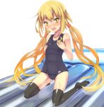  1girl blonde_hair crescent crescent_hair_ornament hair_ornament inflatable_raft kantai_collection kneeling long_hair low_twintails one-piece_swimsuit satsuki_(kantai_collection) school_swimsuit swimsuit thigh-highs tomineko_(tomineko_p) twintails yellow_eyes 