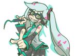  +_+ 1girl aqua_hair cosplay detached_sleeves domino_mask hatsune_miku hatsune_miku_(cosplay) headphones hotaru_(splatoon) long_hair mask microphone mole mole_under_eye necktie pointing pointing_at_viewer pointy_ears seki_(red_shine) simple_background skirt smile solo splatoon tentacle_hair twintails vocaloid white_background 