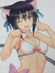  1girl animal_ears black_hair breasts brown_eyes bun_cover cat_ears cat_tail cleavage highres one_eye_closed open_mouth paw_pose shaomei_rin shining_(series) shining_hearts short_hair simple_background smile solo tail tanaka_takayuki 