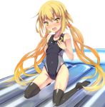  1girl blonde_hair competition_swimsuit crescent crescent_hair_ornament hair_ornament inflatable_raft kantai_collection kneeling long_hair low_twintails one-piece_swimsuit satsuki_(kantai_collection) swimsuit thigh-highs tomineko_(tomineko_p) twintails yellow_eyes 