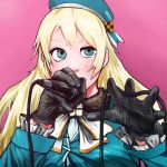  1girl absurdres atago_(kantai_collection) bangs beret between_fingers black_gloves blonde_hair blue_hat breasts cable checkered covered_mouth frilled_sleeves frills gloves hat highres holding_microphone jacket kantai_collection large_breasts long_hair long_sleeves microphone palms pink_background simple_background solo suterabee uneven_eyes upper_body 