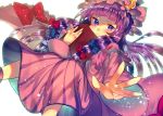  1girl blush book capelet crescent dress dutch_angle hair_ribbon hat long_sleeves looking_at_viewer mob_cap nagao_(cat610) open_book patchouli_knowledge purple_hair ribbon simple_background solo sparkle striped striped_dress touhou tress_ribbon violet_eyes white_background wide_sleeves 