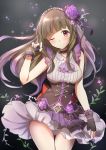  1girl brown_hair fingerless_gloves flower gloves hair_flower hair_ornament idolmaster idolmaster_cinderella_girls idolmaster_cinderella_girls_starlight_stage kamiya_nao long_hair one_eye_closed red_eyes sketch solo takeya_y0615 