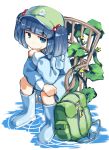  1girl backpack backpack_removed bag bag_removed blue_boots blue_eyes blue_hair boots chair cucumber dress dress_shirt full_body hair_bobbles hair_ornament hand_on_own_chin hat ivy kawashiro_nitori key leaf long_sleeves monosenbei on_water plant pocket ripples rubber_boots shirt short_hair sitting sitting_on_chair skirt skirt_set solo touhou two_side_up water 