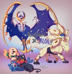  artist_request bat bird cat glowing head_tilt legendary_pokemon lion litten_(pokemon) lunaala no_humans owl pokemon pokemon_(creature) pokemon_(game) pokemon_sm popplio rowlet seal solgaleo wings 