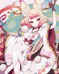  1girl animal_ears bell blonde_hair breasts brown_eyes brown_gloves collarbone covered_nipples eyeshadow fan folding_fan fox_ears gloves highres holding holding_fan hoshi_rousoku japanese_clothes jingle_bell kimono long_hair makeup merc_storia multicolored_hair obi origami paper_crane redhead ribbon-trimmed_sleeves ribbon_trim sash slit_pupils solo triangle_mouth two-tone_hair very_long_hair wide_sleeves 