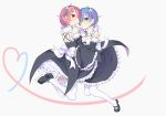  2girls :o blue_eyes blue_hair bow detached_sleeves frills hair_over_one_eye hair_ribbon headdress highres jumping km_(kyoma0) looking_at_viewer maid mary_janes multiple_girls pink_hair ram_(re:zero) re:zero_kara_hajimeru_isekai_seikatsu red_eyes rem_(re:zero) ribbon shoes short_hair siblings sisters thigh-highs twins white_legwear x_hair_ornament 