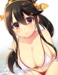  1girl adapted_costume alternate_hairstyle bikini black_hair blush breasts brown_eyes cleavage closed_mouth collarbone dutch_angle hair_between_eyes hair_ornament hairband hairclip haruna_(kantai_collection) highres jiiwara kantai_collection large_breasts long_hair looking_at_viewer ponytail side-tie_bikini smile solo sparkle swimsuit twitter_username water white_background 