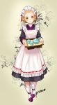  1girl apron artist_name blonde_hair blush boots braid briska cup floral_background frilled_apron frills full_body green_eyes head_tilt heart holding holding_tray korean_clothes maid maid_headdress original short_hair smile solo standing teapot tray 