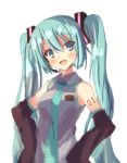  1girl :d blush detached_sleeves green_eyes green_hair hands_on_hips hatsune_miku headset highres long_hair looking_at_viewer necktie open_mouth simple_background smile solo tattoo twintails very_long_hair vocaloid white_background 