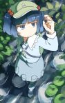  1girl backpack bag blue_boots blue_eyes blue_hair boots branch dress from_above hair_bobbles hair_ornament hand_up hat kawashiro_nitori key leaf long_sleeves monosenbei partially_submerged pebble plant pocket river rubber_boots shirt short_hair skirt skirt_set smile solo stream touhou two_side_up water 