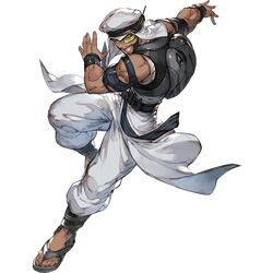  1boy backpack bag barefoot_sandals beard dark_skin facial_hair granblue_fantasy looking_at_viewer male_focus official_art rashid_(street_fighter) scouter smile solo street_fighter street_fighter_v wristband 