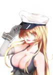  1girl arm_at_side bare_shoulders blonde_hair blue_eyes breasts cleavage detached_sleeves elbow_gloves front-tie_top gloves hat highres iowa_(kantai_collection) kantai_collection large_breasts long_hair looking_at_viewer open_mouth peaked_cap star star-shaped_pupils symbol-shaped_pupils zemeth 