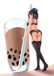  1girl ass back bangs beret black_bra black_hair black_legwear black_panties blue_hat bra breasts bubble_tea closed_mouth cup drink drinking_glass drinking_straw from_behind from_below full_body garter_belt hat holding kantai_collection minigirl no_shoes oversized_object panties red_eyes shade short_hair simple_background skyrail solo standing takao_(cruiser) takao_(kantai_collection) thigh-highs thong_panties underwear underwear_only white_background 