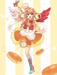  1girl :d apron asymmetrical_wings boots bow brown_hair chef_hat cross-laced_footwear food_themed_clothes full_body hair_over_shoulder hair_rings hat highres knee_boots lace-up_boots ladle long_hair looking_at_viewer morinaga_&amp;_company open_mouth orange_skirt original pancake personification punya red_bow red_eyes skirt smile solo standing_on_one_leg striped striped_background striped_legwear thigh-highs twintails vest wings 