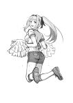  1girl :d cheerleader crop_top from_behind hair_ribbon hair_up hairband kantai_collection kirusu kneehighs long_hair looking_back monochrome open_mouth pom_poms ponytail ribbon shoes shorts shoukaku_(kantai_collection) sketch smile sneakers solo sweat 