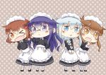  &gt;_o 4girls akatsuki_(kantai_collection) alternate_costume alternate_hairstyle bespectacled blue_eyes blue_hair braid brown_eyes brown_hair chibi enmaided folded_ponytail glasses hair_ornament hairclip hand_on_hip hands_on_hips hibiki_(kantai_collection) hinata_yuu ikazuchi_(kantai_collection) inazuma_(kantai_collection) kantai_collection long_hair looking_at_viewer maid maid_headdress multiple_girls one_eye_closed open_mouth short_hair silver_hair single_braid smile 