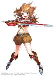  1girl armor belt boots brown_hair copyright_request earrings gloves jewelry looking_at_viewer midriff navel official_art open_mouth red_eyes short short_hair smile solo sword weapon white_background yan&#039;yo_(yan&#039;yan&#039;yo) 