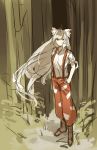  1girl bamboo bamboo_forest bow forest fujiwara_no_mokou hair_bow hands_in_pockets highres long_hair nature pants red_eyes shirt silence_girl silver_hair sketch suspenders touhou very_long_hair 