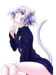  1girl animal_ears cat_ears cat_tail finger_to_mouth highres hunter_x_hunter nefelpitou no_pants short_hair smile solo tail watarui white_hair 