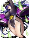  1girl arm_up breasts covered_nipples curvy fishnets green_eyes hat huge_breasts inma_kourin_devil_carnival japanese_clothes katana long_hair looking_at_viewer mikan_(5555) purple_hair smile solo sword thick_thighs thighs weapon wide_hips 