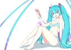  1girl absurdres ahoge aqua_eyes aqua_hair bikini bracelet hatsune_miku headphones highres jewelry long_hair looking_at_viewer nail_polish open_mouth sitting solo somen striped striped_bikini swimsuit twintails very_long_hair vocaloid white_background 