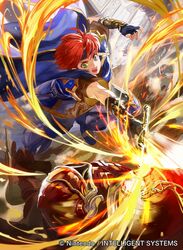  &gt;:o 2boys :o armor cape copyright_name fighting fingerless_gloves fire_emblem fire_emblem:_fuuin_no_tsurugi fire_emblem_cipher gloves green_eyes headband mayo_(becky2006) multiple_boys official_art open_mouth redhead roy_(fire_emblem) soldier sword weapon 