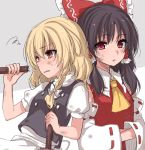  2girls :o accident apron asa_(coco) ascot black_hair blonde_hair blush bow braid broken broom brown_hair crossed_arms detached_sleeves dirty dirty_clothes dirty_face eyebrows eyebrows_visible_through_hair hair_bow hair_tubes hakurei_reimu hat kirisame_marisa long_hair looking_at_viewer multiple_girls no_hat puffy_short_sleeves puffy_sleeves red_eyes short_sleeves side_braid simple_background single_braid sweatdrop touhou upper_body waist_apron wide_sleeves witch_hat yellow_eyes 