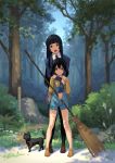  2girls :d animal arm_holding bangs bare_legs black_cat black_hair black_legwear blazer broom brown_shoes bush cat closed_mouth collared_shirt dappled_sunlight dress_shirt flying_witch grass green_eyes hand_on_another&#039;s_arm height_difference highres holding_broom hug hug_from_behind jacket kowata_makoto kuramoto_chinatsu legs_apart loafers long_hair long_sleeves looking_at_viewer miniskirt multiple_girls necktie open_mouth outdoors overalls pantyhose pinakes plaid plaid_skirt pleated_skirt red_necktie rock school_uniform shade shirt shoes skirt smile standing sunlight tree twintails white_shirt yellow_shoes 