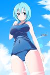  1girl airplane blue_eyes clouds giantess green_hair highres original shima_yuri_ika sky solo swimsuit tagme 