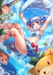  1girl ankle_lace-up armpits beach bikini blue_hair blush bracelet cat cross-laced_footwear dog highres jewelry long_hair miazi navel palm_tree pointy_ears red_eyes skirt sky smile solo swimsuit tree twintails water wet 