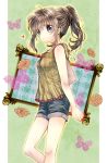  1girl arm_behind_back blue_eyes brown_hair butterfly flower from_side fujimi_(deathnet) highres original outline outside_border pillarboxed plaid ponytail profile rose short_shorts shorts smile solo tank_top 