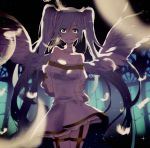 1girl angel_wings arms_behind_back bare_shoulders blue_hair cowboy_shot dress feathers green_eyes hatsune_miku holding_arm long_hair siho_(ricchil) solo thigh-highs twintails very_long_hair vocaloid wings 