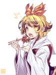  /\/\/\ 1girl black_hair blonde_hair bow chopsticks eating eyebrows eyebrows_visible_through_hair fangs food hair_bow meat multicolored_hair saliva short_hair simple_background solo streaked_hair surprised sweatdrop tagme thick_eyebrows tongue tongue_out toramaru_shou touhou upper_body white_background wide_sleeves yellow_eyes zounose 