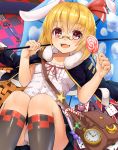  1girl :3 :d alice_in_wonderland alternate_costume animal_ears bag bangs black_legwear black_skirt blonde_hair bow buttons candy candy_cane card carrying_over_shoulder cat chain checkered clock club crescent diamond_(shape) eyebrows eyebrows_visible_through_hair fang food frills fur_trim gears glasses hair_between_eyes hair_bow hair_ribbon heart highres holding holding_food jacket_on_shoulders kneehighs lollipop miniskirt open_mouth panties pantyshot pantyshot_(sitting) pince-nez pleated_skirt pocket_watch rabbit_ears red_eyes ribbon roman_numerals rumia shade shiron_(e1na1e2lu2ne3ru3) shirt short_hair shoulder_bag sitting skirt smile solo star touhou underwear watch weapon white_panties white_shirt 