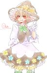  1girl blush cowboy_shot dress embellished_costume flower gloves grin hat highres kirisame_marisa looking_at_viewer puffy_sleeves short_hair signature smile solo sou_futoshi touhou white_gloves witch witch_hat 