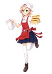  1girl :q apron blonde_hair blue_eyes blue_skirt bottle brown_shoes butter full_body hat jug looking_at_viewer mijinko_(rioriorio) morinaga_(brand) original pancake plate shirt shoes short_hair skirt smile solo standing_on_one_leg syrup thigh-highs tongue tongue_out whisk white_background white_hat white_legwear white_shirt 