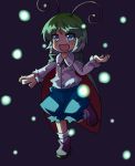  1girl :d antennae blue_eyes cape fireflies green_hair open_mouth shorts smile standing_on_one_leg tomato_chip touhou wriggle_nightbug 