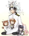  admiral_(kantai_collection) afterimage akatsuki_(kantai_collection) animal_ears bird black_hair black_hat black_legwear black_shoes black_skirt blue_eyes blush brown_eyes brown_hair buttons cat_ears cat_tail ears_down eating empty_eyes fan flying_sweatdrops folding_fan fox_ears fox_tail full_body hair_between_eyes hammer_and_sickle hat hibiki_(kantai_collection) highres holding ikazuchi_(kantai_collection) inazuma_(kantai_collection) kantai_collection kemonomimi_mode kneehighs long_hair long_sleeves low_ponytail military military_uniform minigirl motion_lines mouth_hold naval_uniform nonono_(mino) o_o on_head one_eye_closed pantyhose penguin petting pleated_skirt pocky school_uniform serafuku shaded_face shirt shoes sidelocks silver_hair simple_background skirt sparkle spread_legs star tail tail_wagging tears thigh-highs uniform very_long_hair white_background white_hat white_shirt zettai_ryouiki 