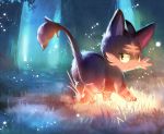  black_fur closed_mouth creature fores from_behind fur grass litten_(pokemon) looking_back manino_(mofuritaionaka) no_humans plant pokemon pokemon_(creature) tree walking yellow_sclera 