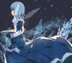  1girl blue_dress blue_eyes blue_hair cirno dress from_behind highres ice ice_wings long_dress looking_at_viewer looking_back no_headwear profile puffy_sleeves ribbon sash short_hair short_sleeves soha_(sirohase) solo striped touhou upskirt wings 