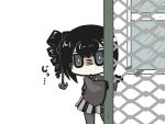  anchor_hair_ornament ancient_destroyer_oni bangs black_hair chain-link_fence chibi commentary_request drill_hair fence gloves gomasamune grey_eyes hair_ornament japanese_clothes kantai_collection pantyhose peeking_out pleated_skirt shaded_face side_ponytail skirt translation_request wide_sleeves window 