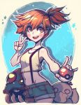  1girl denim denim_shorts gym_leader holding holding_poke_ball kasumi_(pokemon) orange_hair paroro poke_ball pokemon pokemon_(anime) pokemon_(creature) psyduck shorts side_ponytail suspenders 