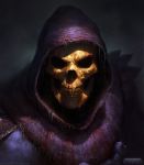  1boy armor blue_skin bone damaged dave_rapoza fantasy head hood logo looking_at_viewer masters_of_the_universe portrait realistic skeletor skull watermark 