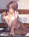  1girl alcohol arm_support bed beer black_legwear blue_eyes blush breasts brown_hair character_request cleavage collarbone facial_mark holding long_hair looking_at_viewer no_bra no_pants on_floor pantyhose parted_lips smile solo taletale unbuttoned unbuttoned_shirt 