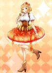  1girl :p absurdres blonde_hair blouse boots brown_boots brown_eyes bubble_skirt corset food food_on_face food_themed_clothes food_themed_hair_ornament fork full_body gradient gradient_background hair_ornament hairband highres looking_at_viewer morinaga_&amp;_company orange_background orange_skirt original pancake personification satsuki_kureharu shirt short_hair skirt solo standing_on_one_leg syrup tongue tongue_out white_shirt yellow_background 